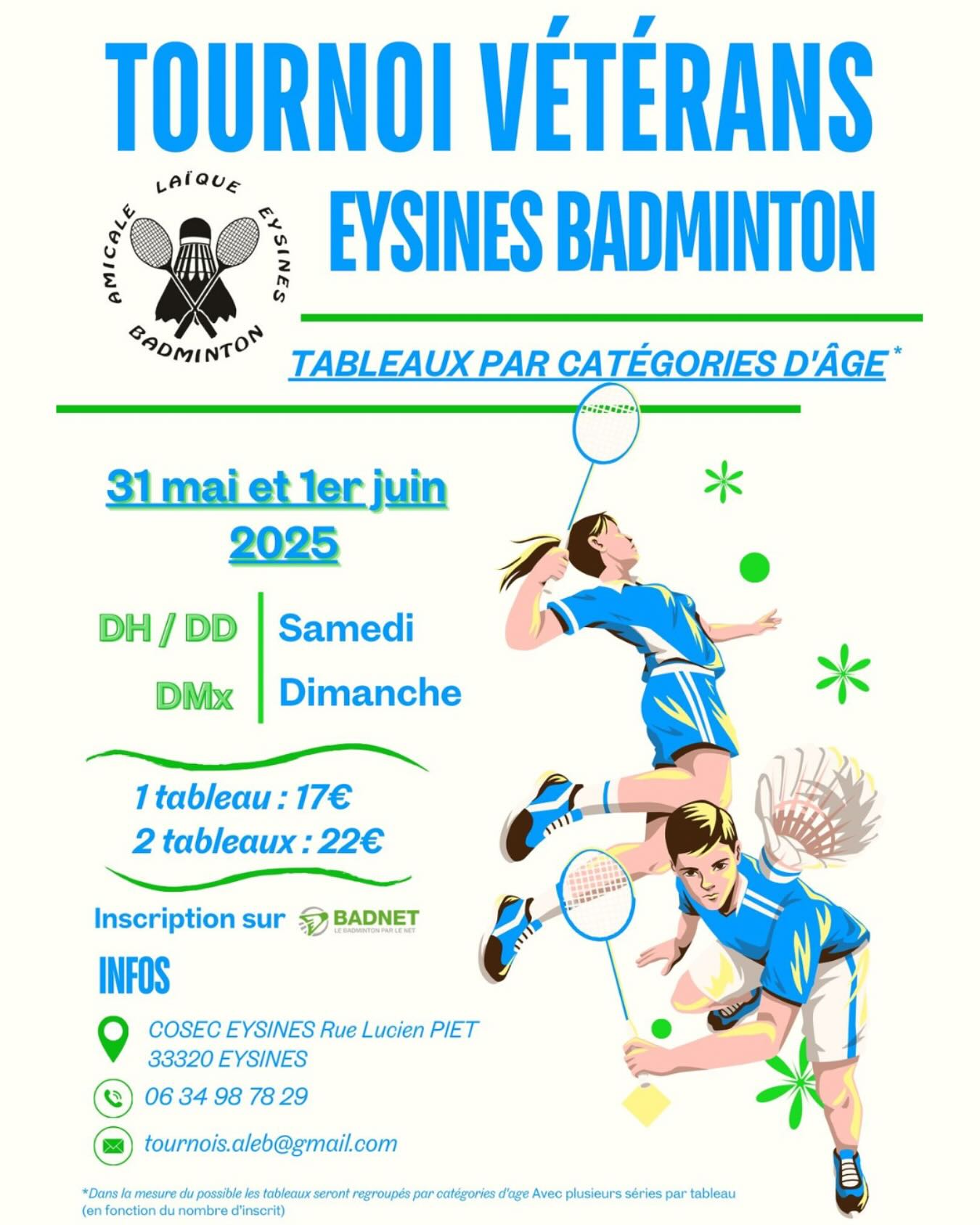 Tié la famille, tié le bienvenue 😎
🆕 On organise notre premier tournoi vétérans à Eysines (Tournoi vétérans par catégories) 
🔗 Inscription sur Badnet !
On vous attends nombreux et nombreuses ! 🏸
