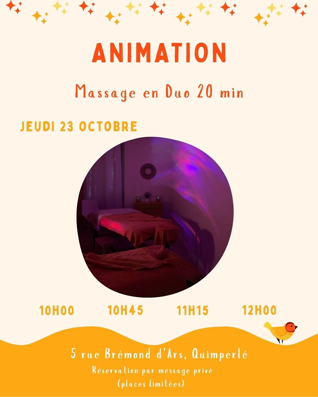 💫 Ateliers du mois d’octobre chez Ambiance Kids 💫
⭐️Atelier Auto-soin :
🗓️ Samedi 18 octobre de 15h00 à 16h30,
Pour les enfants de 4 à 12 ans,
(15€ par personne).
🪷Atelier Soin Padabhyanga Duo parent et enfant :
🗓️ Mercredi 22 octobre de 11h00 à 12h00,
Pour les enfants de 4 à 12 ans,
(15 € par duo).
💕 Massage en duo de 20min:
🗓️ Jeudi 23 octobre - créneaux disponibles :
- 10h00,
- 10h45,
- 11h15,
- 12h00.
Pour les enfants de 4 à 12 ans,
(15€ par personne).
💅Atelier fabrication de vernis:
🗓️ Vendredi 24 octobre de 16h30 à 18h00,
Pour les enfants de 4 à 12 ans,
(15€ par personne).
🎃Atelier citrouilles:
🗓️ Mercredi 29 octobre de 10h00 à 11h30,
Pour les enfants de 4 à 12 ans,
(15€ par personne).
💆♀️Atelier réalisation d’un soin visage sur ton ami(e):
🗓️ Jeudi 30 octobre de 13h30 à 15h00,
Pour les enfants de 4 à 12 ans,
(15€ par personne).
Ambiance Kids - Quimperlé 
#ateliervacances #bretagne #quimperle #finistere #ambiancekids #momentcreatif #ateliermassage #momentconvivialpartagé #vacances #kids #halloween #partage #programmeanimations #animations #enfants