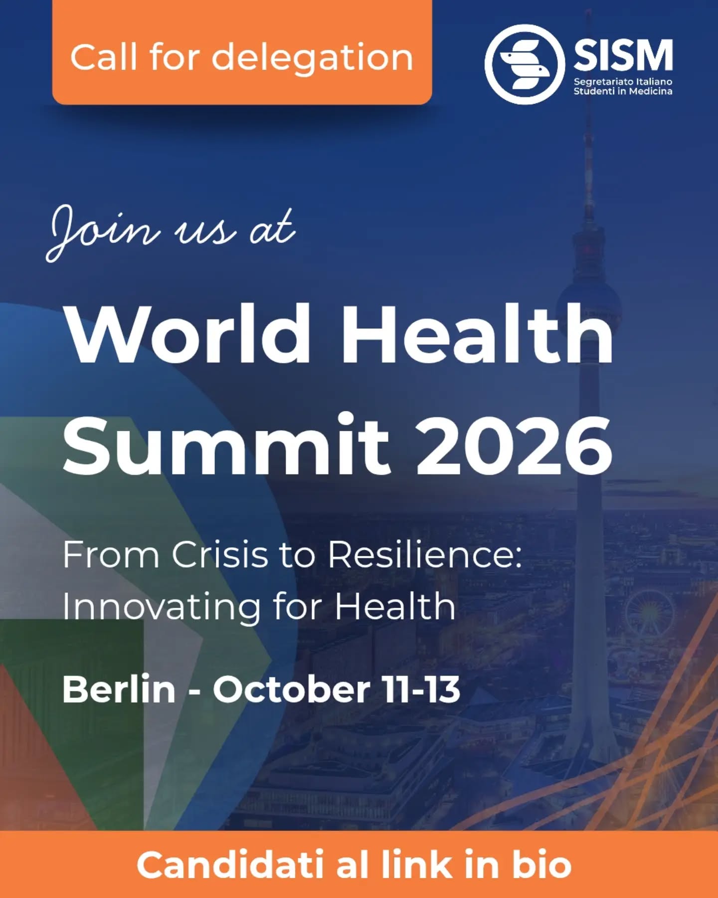 Il World Health Summit è uno degli eventi internazionali più rilevanti nell’ambito della salute globale e quest’anno ha come tema "From Crisis to Resilience: Innovating for Health".
🌍L’evento riunisce ogni anno rappresentanti del mondo accademico, istituzionale, sanitario, della società civile, delle organizzazioni internazionali e del settore globale della salute, con l’obiettivo di discutere le principali sfide presenti e future dei sistemi sanitari e della salute pubblica.
👏🏻Per SISM, questa partecipazione rappresenta un’opportunità importante per portare la voce di giovani studenti e future professioniste e professionisti sanitari italiani in uno spazio internazionale di confronto, formazione e networking, e per riportare all’interno dell’associazione nuovi strumenti, prospettive, contatti e temi di lavoro.
Sono aperti 6 posti per delegati che affiancheranno gli Officials durante l’evento. Per candidarsi compila il modulo al link in bio entro il 23 agosto 2026 alle 23:59.
Le persone selezionate potranno quindi accedere al World Health Summit 2026 e alle attività previste dal programma principale dell’evento.
ℹ️Ricordiamo che, come previsto dal bando, le persone partecipanti dovranno avere 28 anni o meno al momento del World Health Summit.
❗️Il SISM, al momento, non è in grado di coprire o rimborsare le spese di viaggio, alloggio, trasporti locali, vitto extra o altre spese personali.
Il programma del World Health Summit 2026 sarà costruito attorno a sei pilastri principali:
- Global Health Architecture
- Pandemic Prevention, Preparedness and Response
- Health Equity for Women, Children and Youth
- Future-Ready Health Systems
- Conflict and Health
- Environmental Drivers of Health
Scopri di più al link in bio!