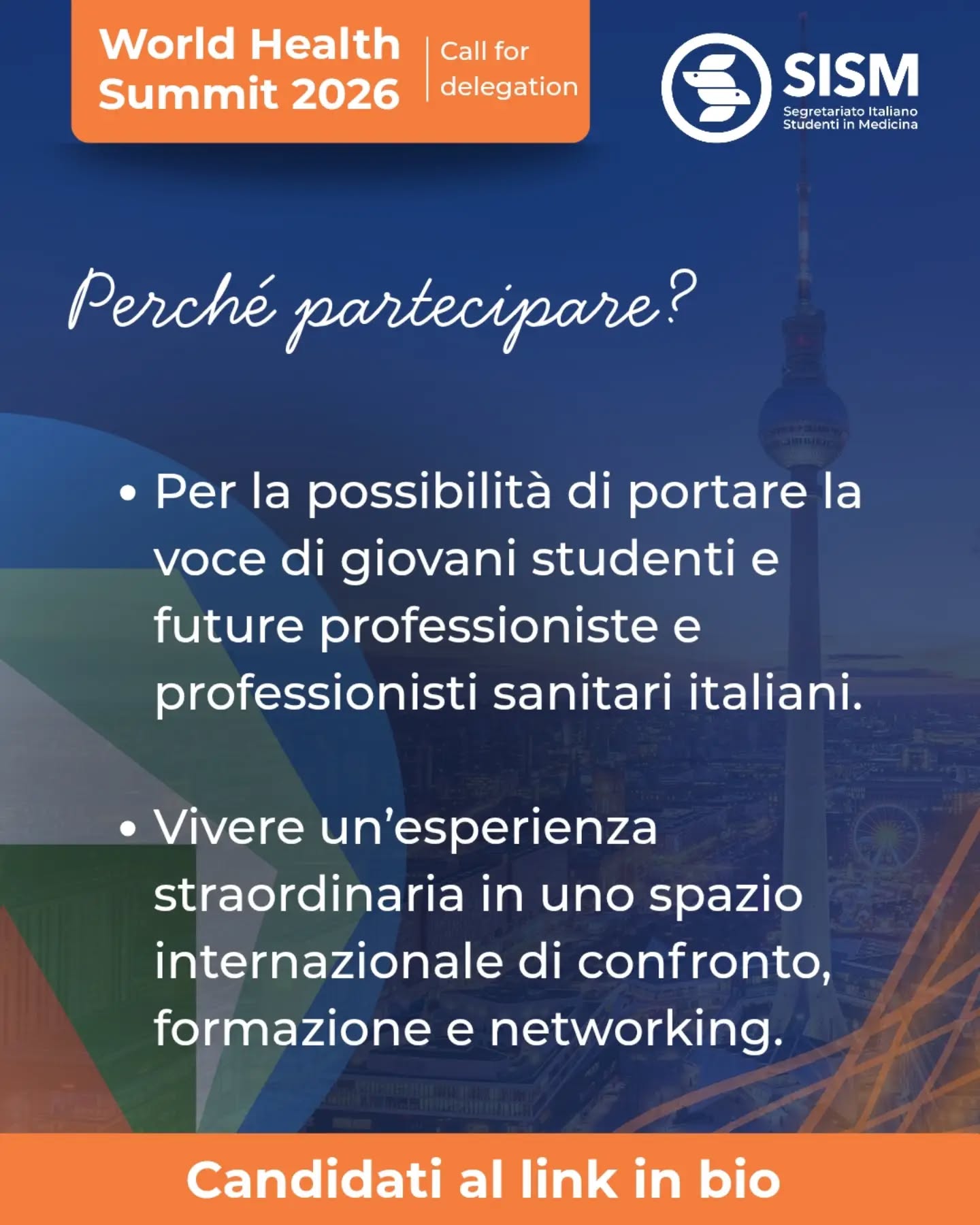 Il World Health Summit è uno degli eventi internazionali più rilevanti nell’ambito della salute globale e quest’anno ha come tema "From Crisis to Resilience: Innovating for Health".
🌍L’evento riunisce ogni anno rappresentanti del mondo accademico, istituzionale, sanitario, della società civile, delle organizzazioni internazionali e del settore globale della salute, con l’obiettivo di discutere le principali sfide presenti e future dei sistemi sanitari e della salute pubblica.
👏🏻Per SISM, questa partecipazione rappresenta un’opportunità importante per portare la voce di giovani studenti e future professioniste e professionisti sanitari italiani in uno spazio internazionale di confronto, formazione e networking, e per riportare all’interno dell’associazione nuovi strumenti, prospettive, contatti e temi di lavoro.
Sono aperti 6 posti per delegati che affiancheranno gli Officials durante l’evento. Per candidarsi compila il modulo al link in bio entro il 23 agosto 2026 alle 23:59.
Le persone selezionate potranno quindi accedere al World Health Summit 2026 e alle attività previste dal programma principale dell’evento.
ℹ️Ricordiamo che, come previsto dal bando, le persone partecipanti dovranno avere 28 anni o meno al momento del World Health Summit.
❗️Il SISM, al momento, non è in grado di coprire o rimborsare le spese di viaggio, alloggio, trasporti locali, vitto extra o altre spese personali.
Il programma del World Health Summit 2026 sarà costruito attorno a sei pilastri principali:
- Global Health Architecture
- Pandemic Prevention, Preparedness and Response
- Health Equity for Women, Children and Youth
- Future-Ready Health Systems
- Conflict and Health
- Environmental Drivers of Health
Scopri di più al link in bio!