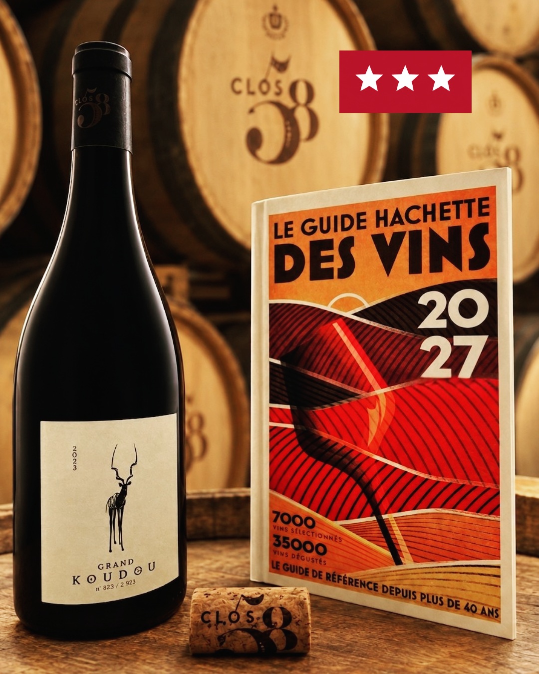 🍷✨ LE GRAND KOUDOU 2023 décroche 3 étoiles au Guide Hachette des Vins 2027 ! ⭐⭐⭐Une belle reconnaissance qui nous touche particulièrement… et une jolie façon de célébrer la sortie du nouveau Guide Hachette des Vins.Notre Grand Koudou 2023 est aujourd’hui mis à l’honneur avec la distinction de 3 étoiles, récompensant un vin particulièrement remarquable. ⭐⭐⭐🌿 Clos 58 – Grand Koudou 2023
Né d’une histoire d’amitié et d’un terroir généreux, le Clos 58 puise son caractère dans une dizaine d’hectares de vieilles vignes de carignan, syrah et grenache gris, cultivées en agriculture biologique.Pour cette cuvée, le Guide Hachette souligne une personnalité déjà affirmée, une robe grenat intense, un nez gourmand de cerise mûre et de fraise des bois, relevé par une touche de réglisse. En bouche, le vin se distingue par sa fraîcheur, son ampleur et sa rondeur, porté par un fruit éclatant et des tanins soyeux parfaitement intégrés.Et surtout, cette phrase qui résume si bien l’esprit du Grand Koudou :
« Tout ici respire l’harmonie, la sincérité et la générosité. » ❤️🙏 Une immense fierté pour toute l’équipe du Clos 58, et une belle récompense pour le travail accompli.Merci au Guide Hachette des Vins pour cette magnifique distinction, et merci à celles et ceux qui font vivre nos vins.🥂 Le Grand Koudou 2023 : 3 étoiles au Guide Hachette. Une cuvée à partager, tout simplement.www.clos58.com#Clos58 #GrandKoudou #GrandKoudou2023 #GuideHachetteDesVins